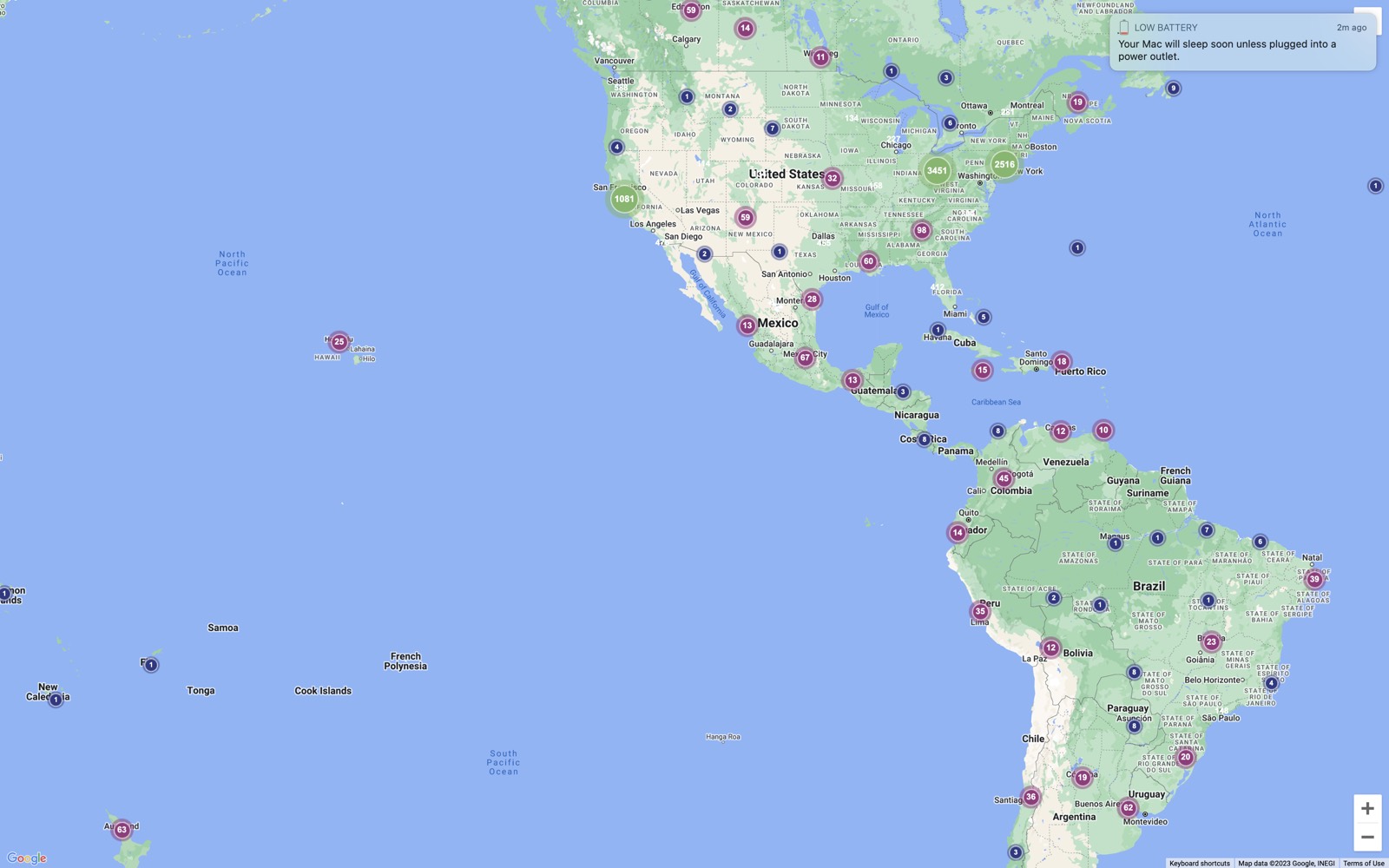 Map of North and South America with markers showing institutions that have downloaded the program's research