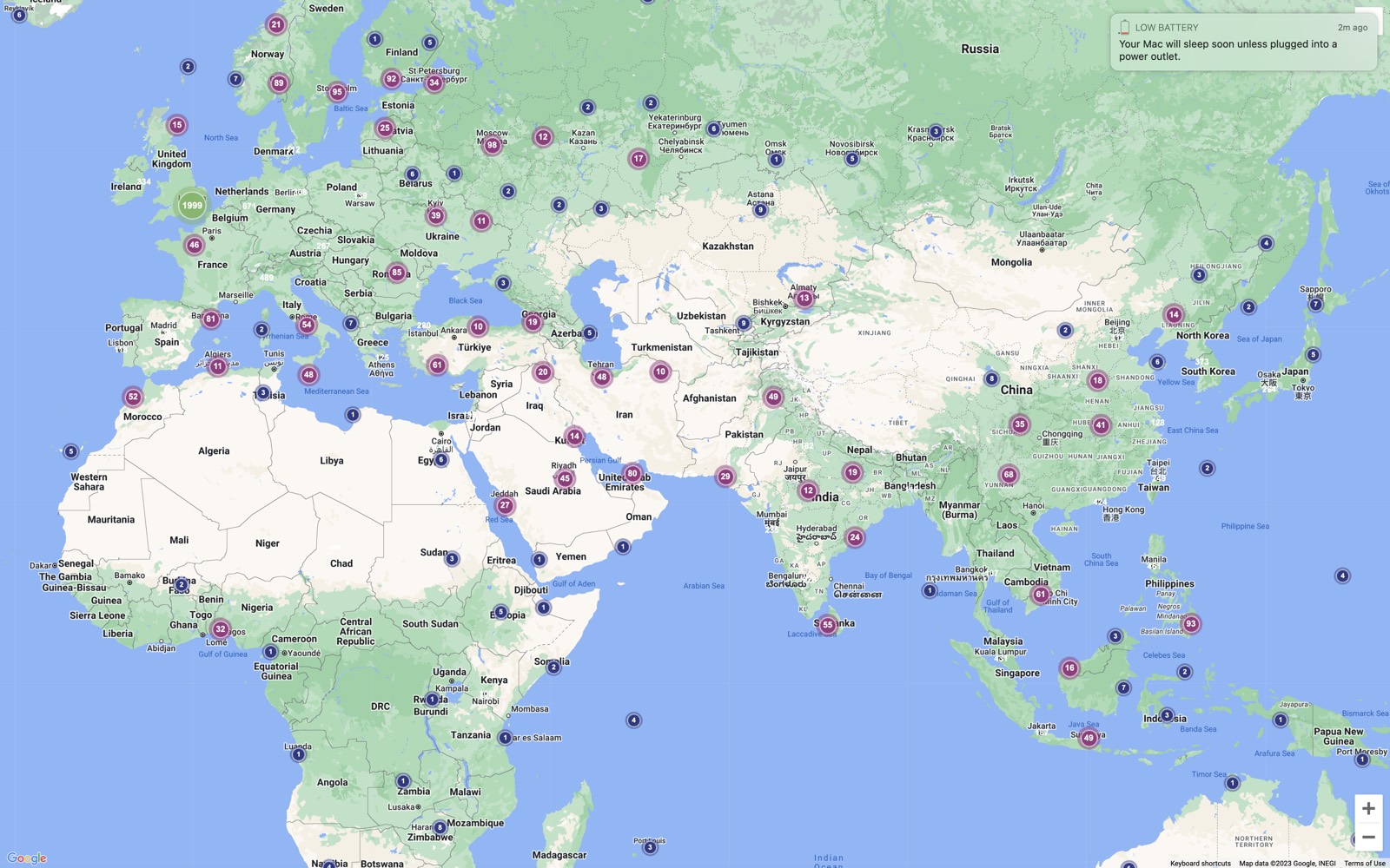 Map of Europe and Asia with markers showing institutions that have downloaded the program's research
